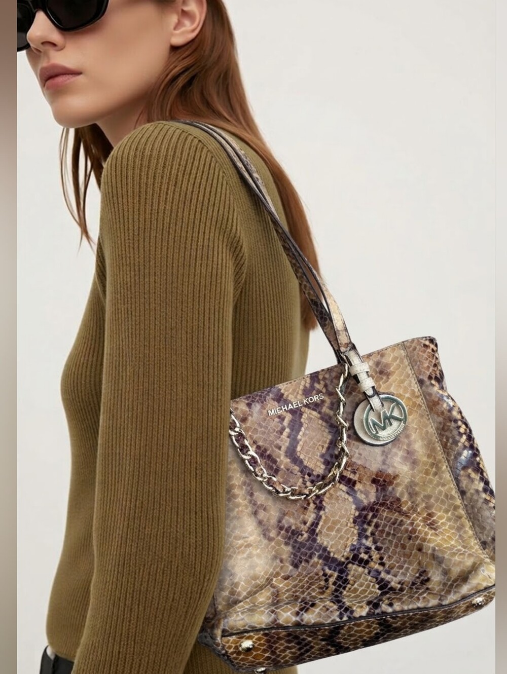 Michael Kors Snake-Print Shoulder Tote in Taupe and Brown